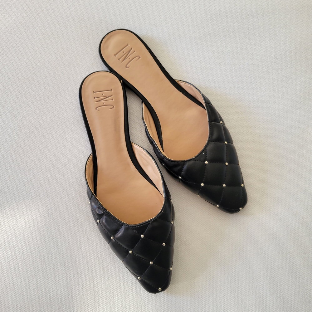 INC International Concepts Black Quilted Vegan Leather Flat Mule Studded Slides